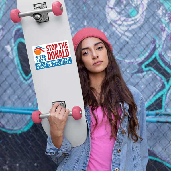Stop the Donald sticker on skateboard
