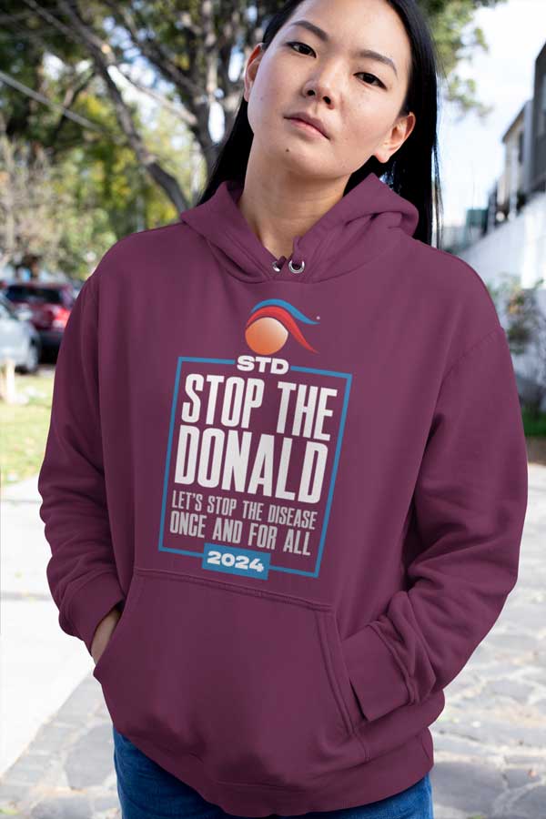 Maroon Stop the Donald Hoodie on Asian Woman