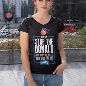 Stop the Donald-v-neck-tee-shirt-on-woman | black
