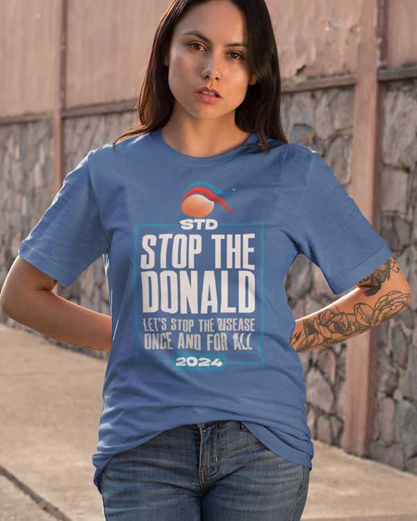 woman wearing royal blue stop the donald T-shirt