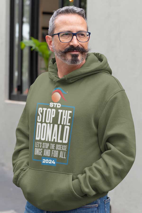 man in green stop the donald hoodie