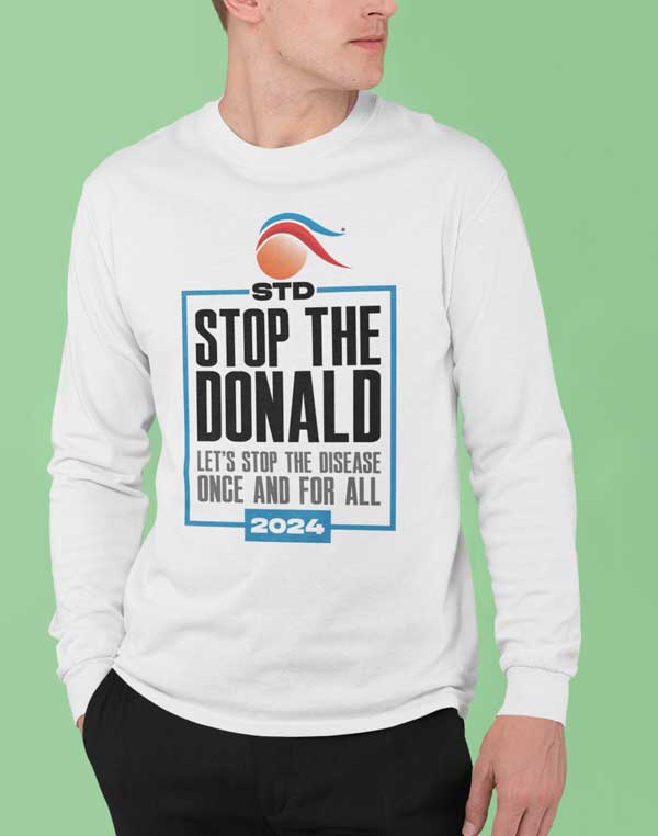 white stop the donald long sleeve tee shirt on man